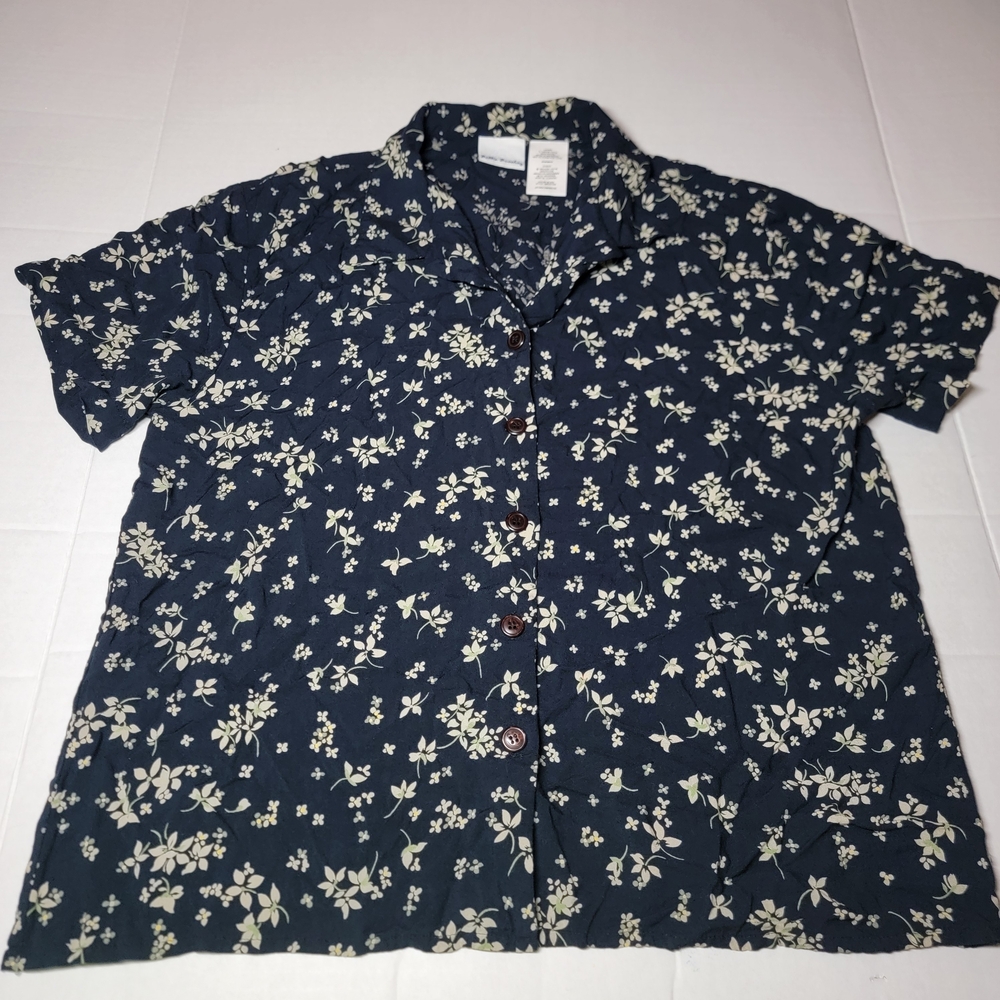 💚 Bobbie Brooks Black with Tan‎ And Green Flowers Button Down Shirt Size Large
